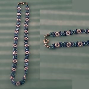 Handmade Beaded Necklace with Small Blue and White Flowers and a Claw Clasp